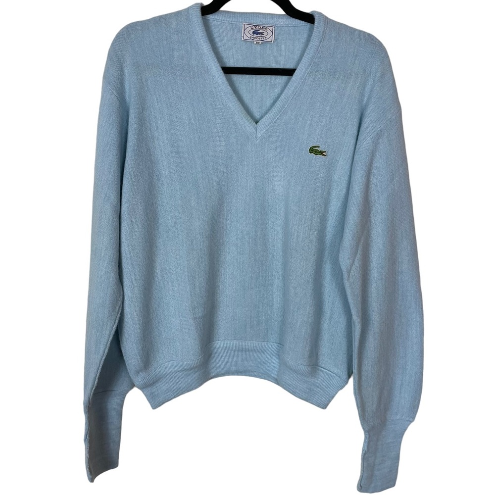Vintage Lacoste X Izod V-Neck Knit Orlon Acrylic Baby Blue Pullover Sweater Sz M